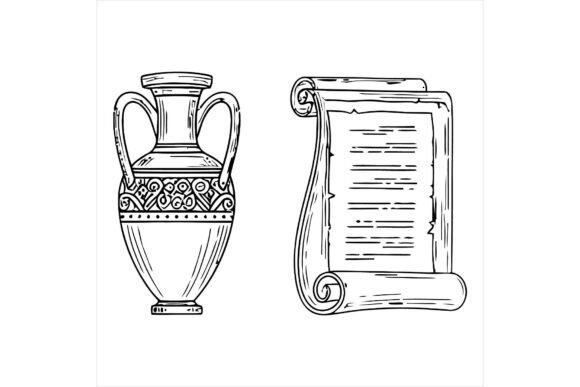 Ancient Greek Vase and Parchment Scroll Illustrations: A Timeless Design Asset