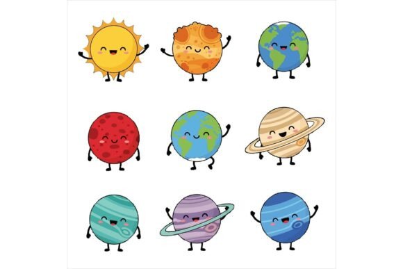 Cartoon Planets and Sun Smiling Faces Illustrations for Branding