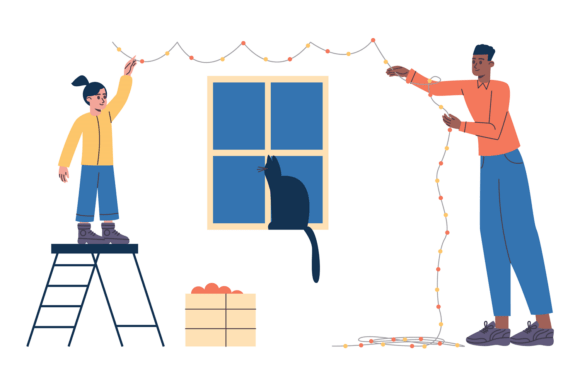 Couple Hang Garland Lights Illustrations: A Versatile Design Asset for Home Decor Brands