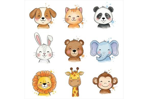 Cute Cartoon Animals Faces Collection – A Versatile Illustrations Set for Creative Projects