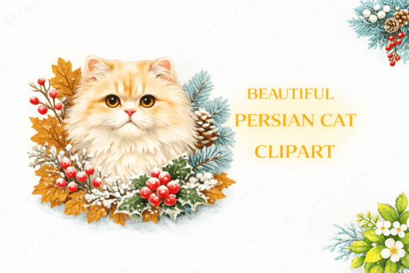 Persian Cat Clipart with Winter Floral: A Versatile Illustration for Digital Sellers