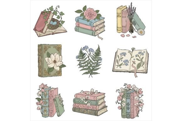 Vintage Book Illustrations with Floral: A Timeless Graphic Design Asset