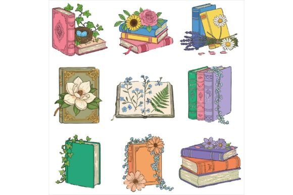 Vintage Books with Flowers Illustration: A Timeless Design Asset for Editorial Use