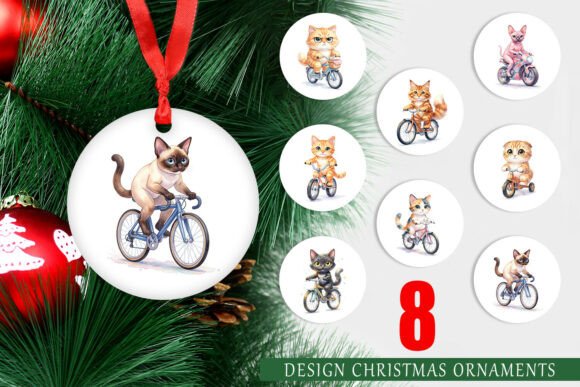 Watercolor Cat Cyclist Ornament PNG for Illustrations