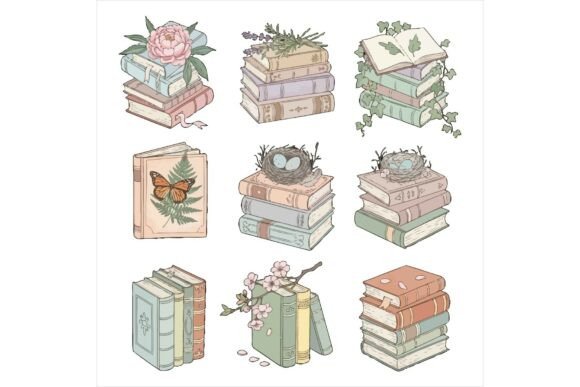 Whimsical Stacked Books with Floral Art: A Versatile Illustration for Local Branding